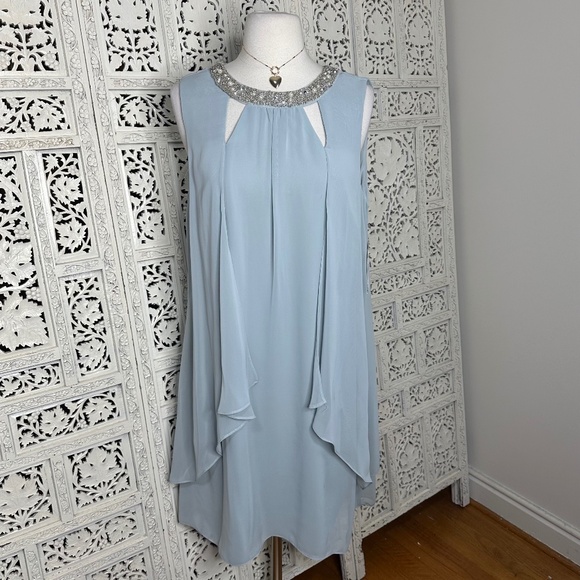 SL Fashions New York Light Blue Flowy Formal Sleeveless Embellished Dress - Picture 1 of 10
